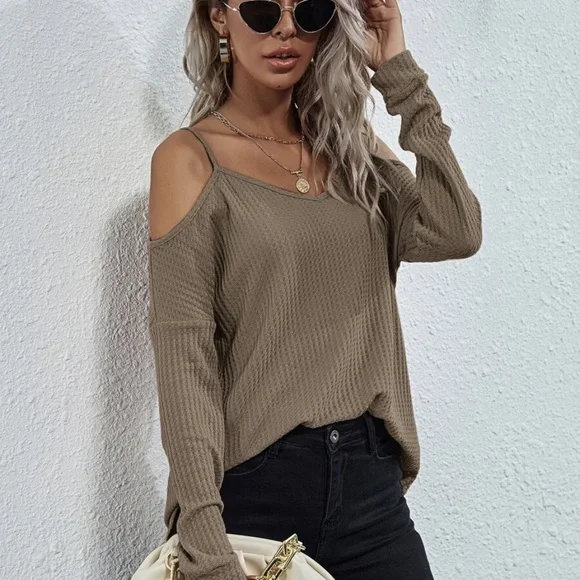 Boho Pink off shoulder waffle long sleeve knit top - Picture 13 of 16